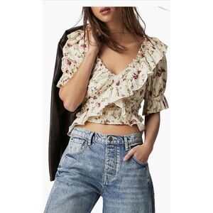 Free People Favorite Girl Top Size Large Blouse Shirt Floral Print 3/4 Sleeve